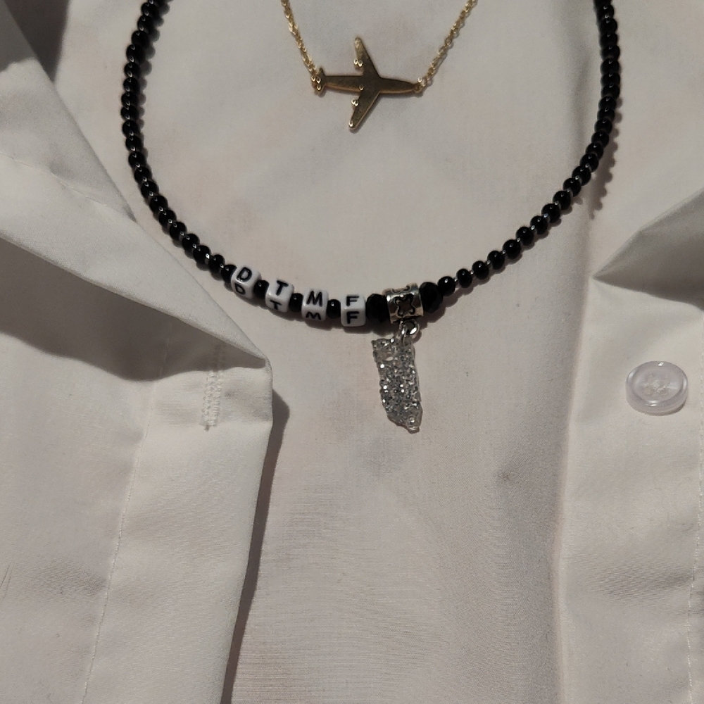 Black and White Beaded Necklace with Silver Pendant, Women Or Men